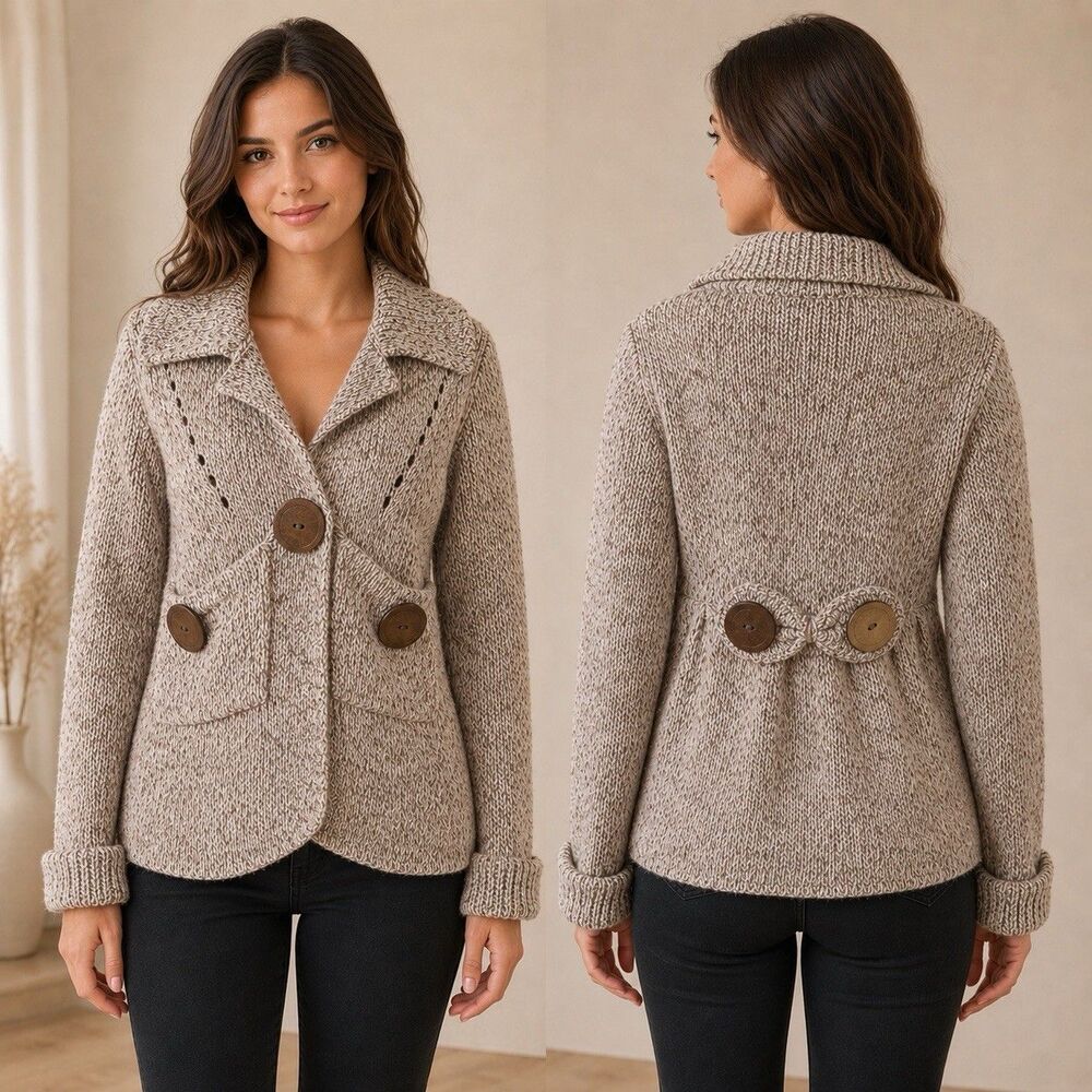 BCBGirls M knit mottled tan collar cardigan boho fairy big wood buttons